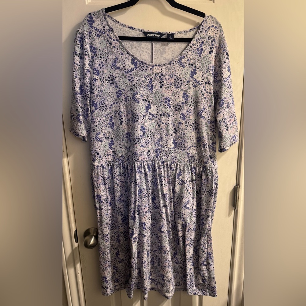 Lands' End Purple Floral Scoop Neck Short Sleeve Pockets Fit Flare Dress XL 18